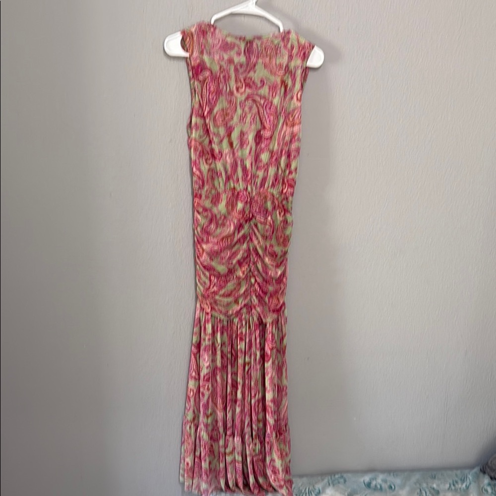 Misa Los Angeles Ava Floral Pink and green paisley gathered ruched stretch Dress - Picture 8 of 9